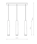Lampa wisząca Eye 3-punktowa, wykonana z mosiądzu. Trzy cylindryczne klosze zawieszone na prostokątnej podstawie. Wymiary: długość 62 cm, wysokość 130 cm, odległość kloszy 40 cm. Prosta konstrukcja, idealna do nowoczesnych wnętrz.