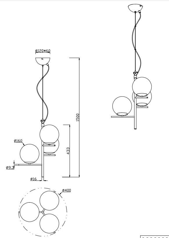 Lampa wisząca Pure 3-punktowa w kolorze antracytowym z trzema okrągłymi kloszami o średnicy 160 mm, zawieszona na smukłym, spiralnym przewodzie. Wymiary: wysokość 1500 mm, szerokość 400 mm. Idealna do nowoczesnych wnętrz.