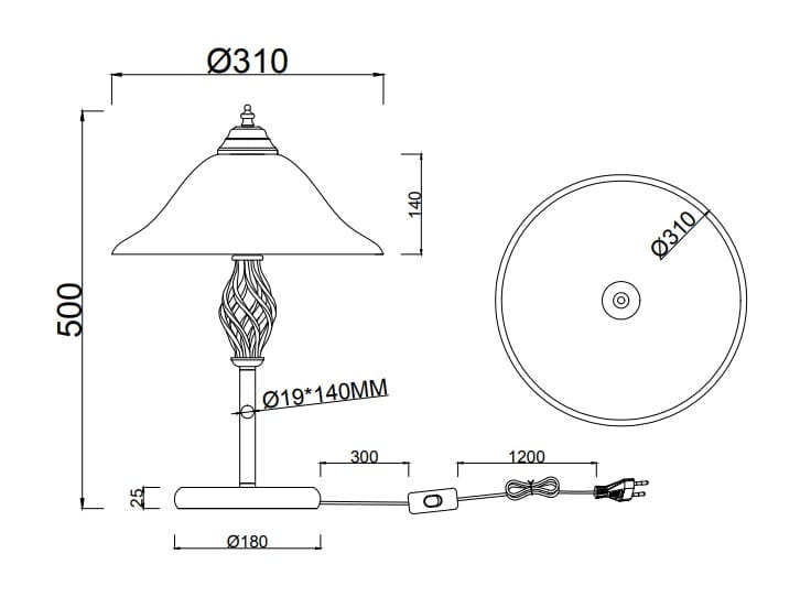 Brązowa lampa stołowa Rustica z dwoma punktami świetlnymi. Ma szeroką, zaokrągloną czaszę o średnicy 310 mm, dekoracyjną podstawę oraz przewód z włącznikiem. Wysokość lampy wynosi 500 mm, a średnica podstawy to 180 mm.