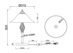 Brązowa lampa stołowa Rustica z dwoma punktami świetlnymi. Ma szeroką, zaokrągloną czaszę o średnicy 310 mm, dekoracyjną podstawę oraz przewód z włącznikiem. Wysokość lampy wynosi 500 mm, a średnica podstawy to 180 mm.