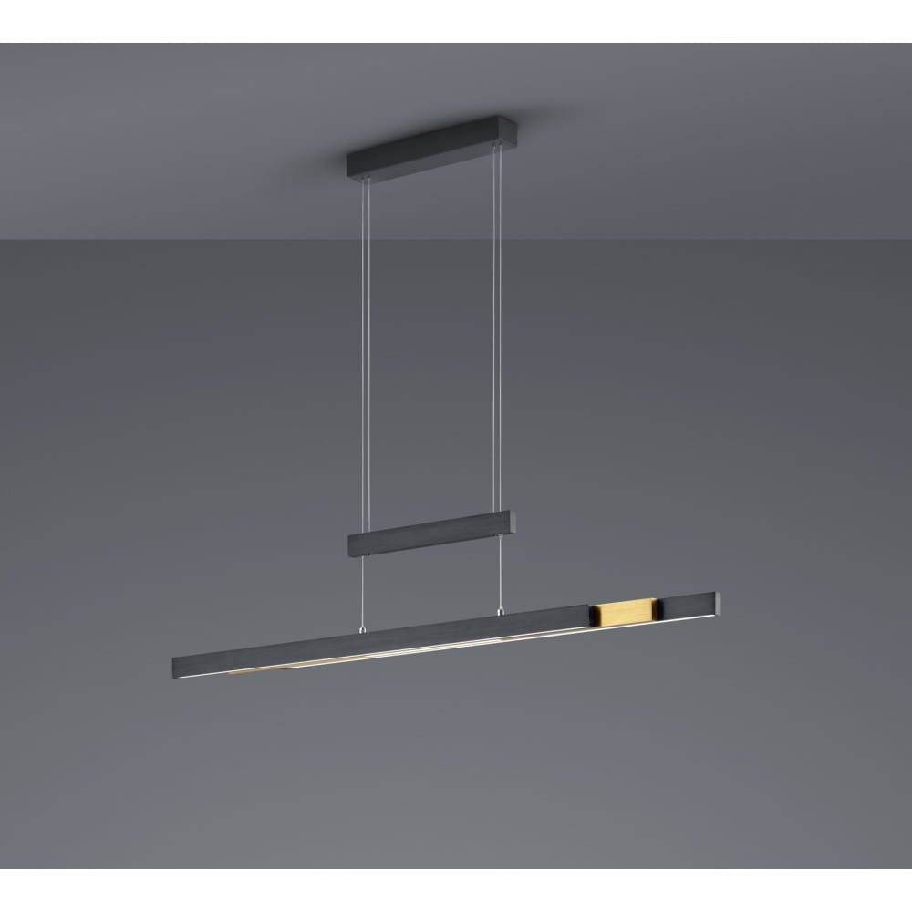 Trajan LED lampa wisząca 3-punktowa w kolorze czarnym z mosiężnymi akcentami, w prostej, nowoczesnej formie. Lampa zawieszona na dwóch cienkich linkach, z długim, prostokątnym kloszem. Tło w odcieniu szarości, podkreślające elegancję produktu.