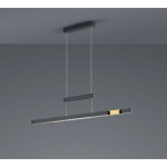 Trajan LED lampa wisząca 3-punktowa w kolorze czarnym z mosiężnymi akcentami, w prostej, nowoczesnej formie. Lampa zawieszona na dwóch cienkich linkach, z długim, prostokątnym kloszem. Tło w odcieniu szarości, podkreślające elegancję produktu.