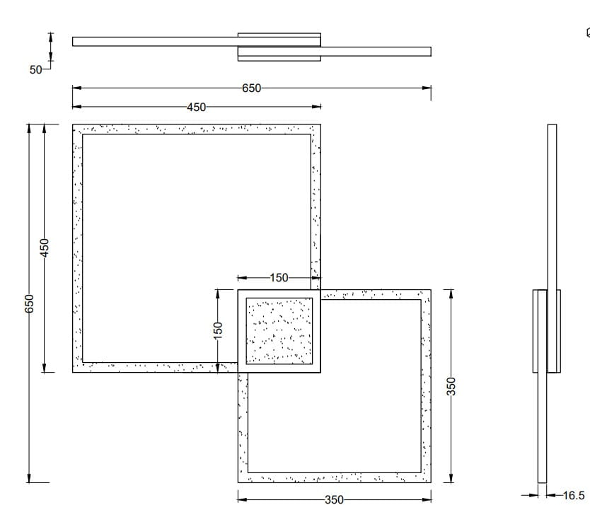Lampa sufitowa 3-punktowa Hydra LED w kolorze niklowym, z prostokątnym kształtem. Wymiary: 650 mm x 450 mm. Posiada minimalistyczny design z delikatnymi detalami. Montaż sufitowy, widok z góry i z boku.