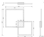 Lampa sufitowa 3-punktowa Hydra LED w kolorze niklowym, z prostokątnym kształtem. Wymiary: 650 mm x 450 mm. Posiada minimalistyczny design z delikatnymi detalami. Montaż sufitowy, widok z góry i z boku.