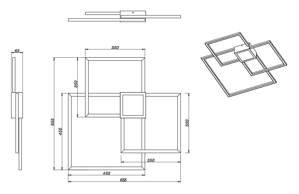 Czteropunktowa lampa sufitowa LED w kolorze niklowym, o nowoczesnym, geometrycznym kształcie. Widoczny detal: cztery prostokątne ramy umieszczone w różnych płaszczyznach. Wymiary: długość 665 mm, szerokość 450 mm, wysokość 65 mm.