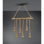 Brązowa lampa wisząca Wilma z sześcioma punktami świetlnymi. Obejmuje drewniany stelaż z naturalnym sznurkiem, z którego zwisają szklane klosze w kolorze złotym. Zawieszona na metalowej podstawie, w minimalistycznym stylu.