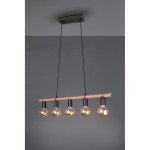 Czarna lampa wisząca Einar z pięcioma punktami świetlnymi, zawieszona na długich linkach. Metalowa konstrukcja z drewnianym detalem, szklane klosze w kolorze bursztynowym. Ujęcie frontalne, na jednolitym tle.