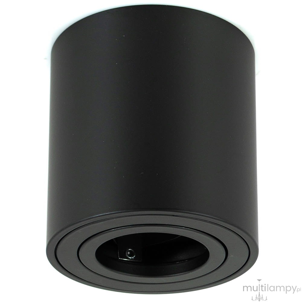 Mini lampa sufitowa tuba w kolorze czarnym, o cylindrycznym kształcie. Ujęcie z dołu, pokazujące otwór lampy. Staranne wykończenie matowe, z widocznym mechanizmem do regulacji kierunku światła. Idealna do nowoczesnych wnętrz.