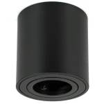 Mini lampa sufitowa tuba w kolorze czarnym, o cylindrycznym kształcie. Ujęcie z dołu, pokazujące otwór lampy. Staranne wykończenie matowe, z widocznym mechanizmem do regulacji kierunku światła. Idealna do nowoczesnych wnętrz.