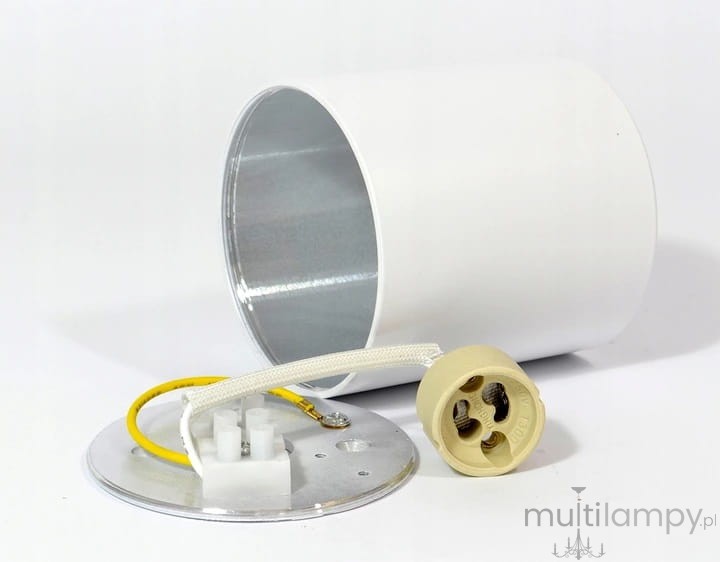 Mini lampa sufitowa tuba kierunkowa w kolorze czarnym, z metalowym wykończeniem. Widoczny element montażowy z przewodami i oprawką na żarówkę. Lampa ustawiona w pozycji leżącej, na prostym tle.
