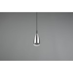 Lampa wisząca Farin 1-punktowa w kolorze niklowym, o kształcie stożkowym, zawieszona na cienkim przewodzie. Zbliżenie na gładką, błyszczącą powierzchnię oraz okrągły klosz, umieszczony na dole. Tło szare, minimalistyczne.