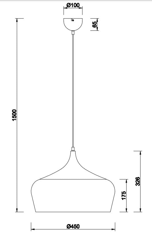 Lampa wisząca Chiron D45 w kolorze czarnym z mosiężnymi detalami, z pojedynczym punktem świetlnym. Okrągła podsufitka o średnicy 10 cm, zwis o długości 150 cm. Klosz w kształcie stożka o średnicy 45 cm i wysokości 17,5 cm.