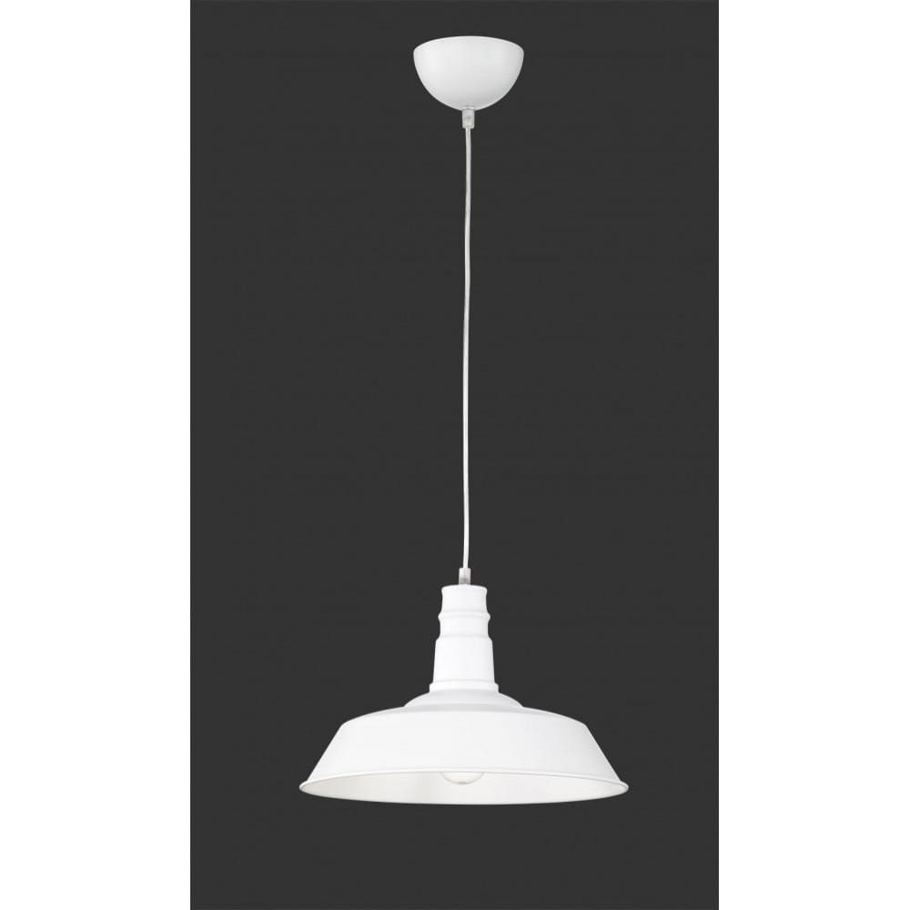 Lampa wisząca 1-punktowa, biała, z metalowym kloszem o zaokrąglonym kształcie. Ujęcie frontalne, zawieszona na białym przewodzie. Górna część mocowania w formie płaskiej, okrągłej podstawy. Prosty design, idealna do nowoczesnych wnętrz.
