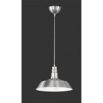 Lampa wisząca 1-punktowa w kolorze niklowym, z metalowym kloszem w kształcie stożka, zawieszona na cienkim przewodzie. Ujęcie frontalne, na jednolitym, ciemnym tle. Widoczny uchwyt montażowy na suficie.