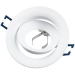 Oprawa oczko do zabudowy okrągła ruchoma GU10 w kolorze białym. Widoczne dwa okręgi, zewnętrzny ma matową powierzchnię, wewnętrzny z metalowym mocowaniem. Produkt leży frontalnie, z uchwytami w niebieskim kolorze po bokach.