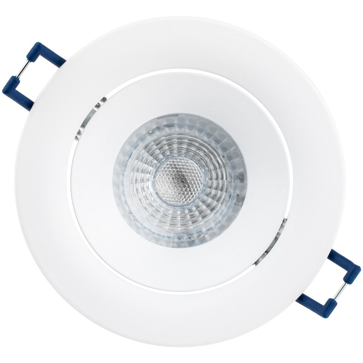 Oprawa oczko do zabudowy okrągła GU10 w kolorze białym, z ruchomą konstrukcją. Widoczne chromowane wykończenie wokół źródła światła. Produkt uchwycony z góry, z niebieskimi uchwytami montażowymi.