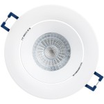 Oprawa oczko do zabudowy okrągła GU10 w kolorze białym, z ruchomą konstrukcją. Widoczne chromowane wykończenie wokół źródła światła. Produkt uchwycony z góry, z niebieskimi uchwytami montażowymi.