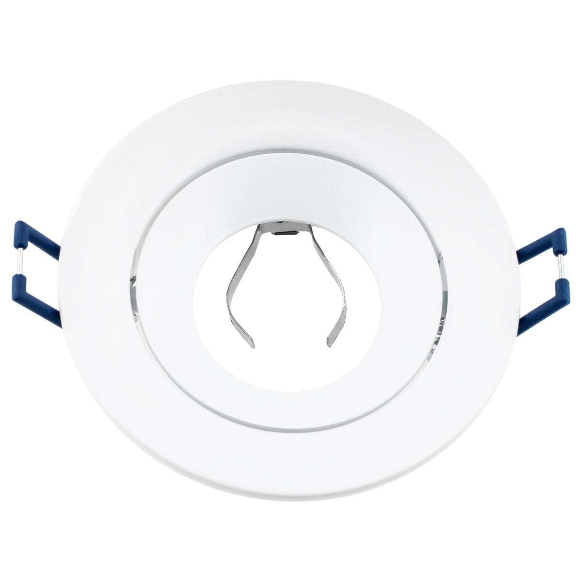 Okrągła, biała oprawa sufitowa do zabudowy GU10 z ruchomym mechanizmem. Widoczna metalowa klamra mocująca oraz dwa niebieskie uchwyty. Kąt ujęcia frontalny, ukazujący wnętrze oprawy i otwór na żarówkę.