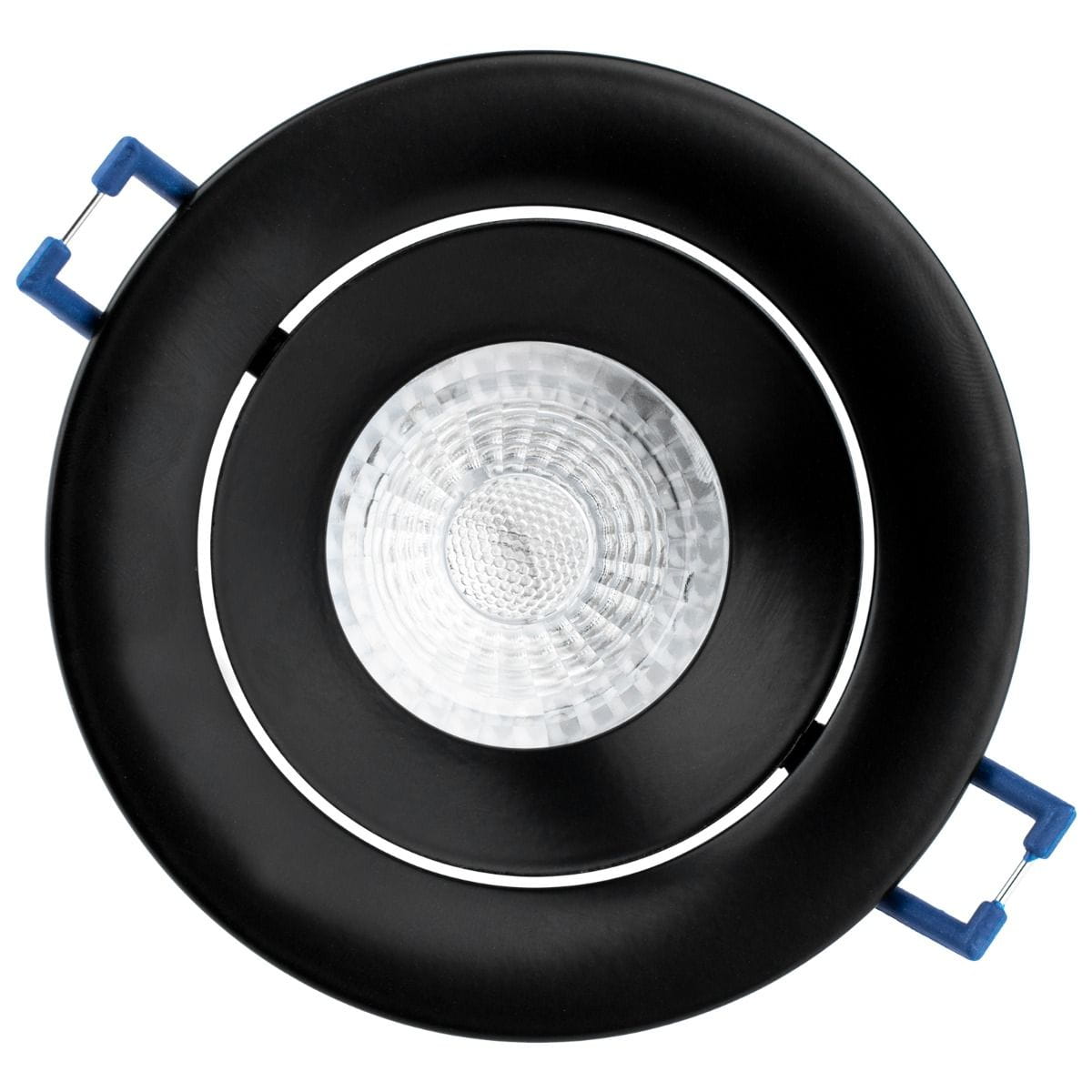 Okrągła oprawa oczko do zabudowy GU10 w kolorze czarnym. Ruchoma konstrukcja z przezroczystą soczewką wewnętrzną. Wyposażona w niebieskie mocowania, widoczna z góry, gotowa do montażu. Idealna do oświetlenia wnętrz.