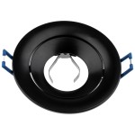 Oprawa oczko do zabudowy okrągła ruchoma GU10 w kolorze czarnym, z metalowym uchwytem na żarówkę. Widok z góry, prezentujący gładką powierzchnię oraz dwa niebieskie mocowania. Idealna do montażu w sufitach podwieszanych.