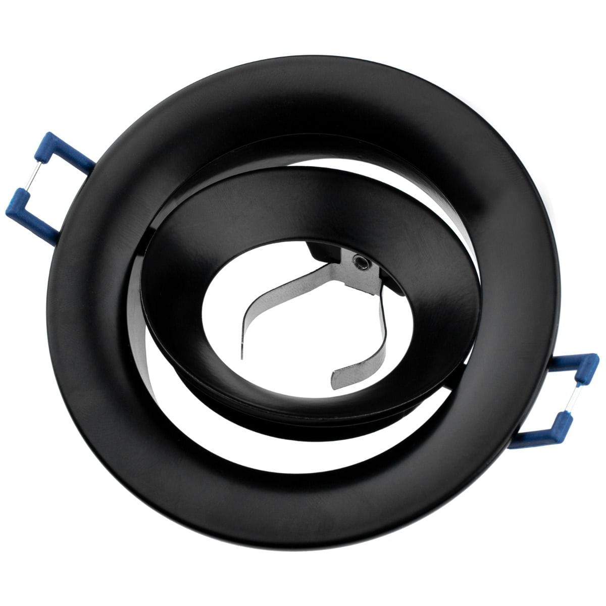 Oprawa oczko do zabudowy GU10 w kolorze czarnym, okrągła i ruchoma. Widoczny mechanizm mocujący oraz uchwyty po bokach. Ujęcie z góry, ukazujące detale konstrukcji. Idealna do montażu w sufitach podwieszanych.