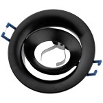 Oprawa oczko do zabudowy GU10 w kolorze czarnym, okrągła i ruchoma. Widoczny mechanizm mocujący oraz uchwyty po bokach. Ujęcie z góry, ukazujące detale konstrukcji. Idealna do montażu w sufitach podwieszanych.