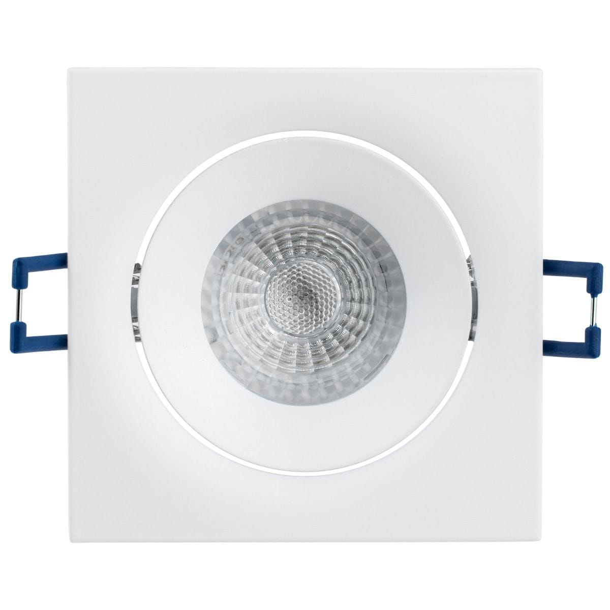 Kwadratowa oprawa oczko do zabudowy GU10 w kolorze białym, z ruchomą częścią wewnętrzną. Widoczne niebieskie mocowania. Zbliżenie na detal, podkreślający fakturę reflektora i okrągły kształt.