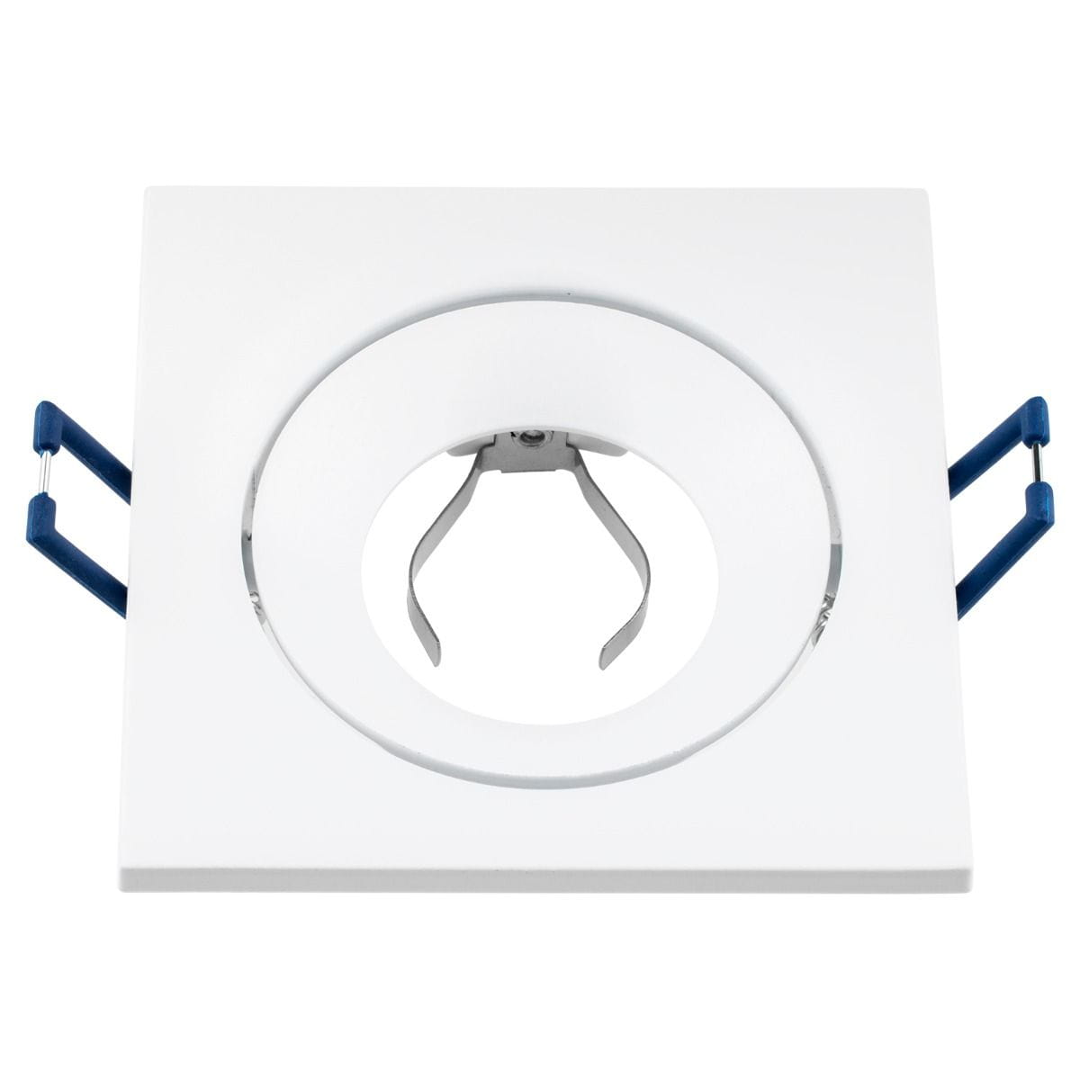 Kwadratowa oprawa oczko do zabudowy, ruchoma, w kolorze białym. W centralnej części znajduje się okrągłe gniazdo na żarówkę GU10. Widoczne metalowe mocowanie oraz niebieskie uchwyty po bokach do montażu.