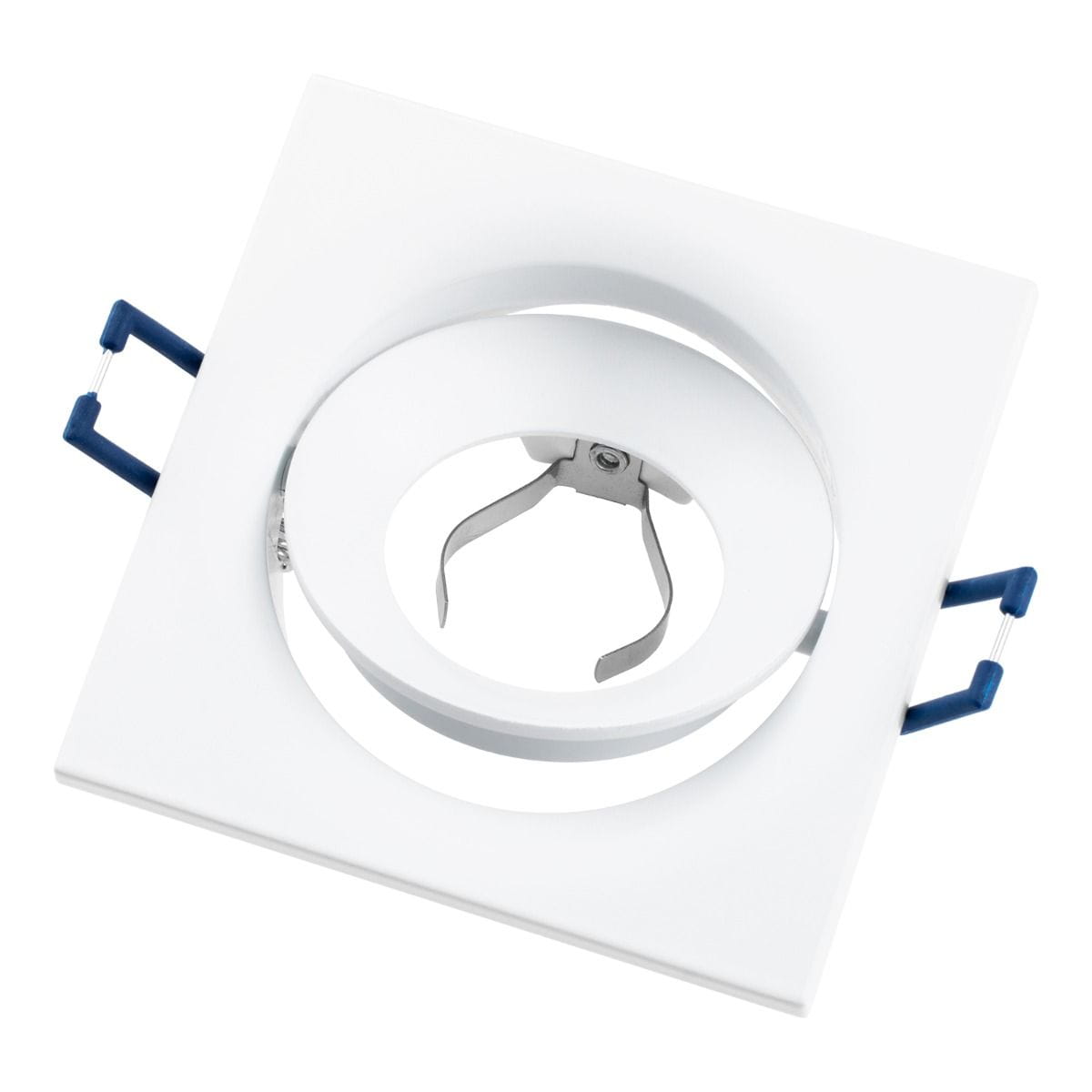 Oprawa oczko do zabudowy kwadratowa, ruchoma, w kolorze białym, z okrągłym otworem na żarówkę GU10. Widoczne sprężynki mocujące w środku. Produkt ukazany z góry, z uchwytami po bokach.