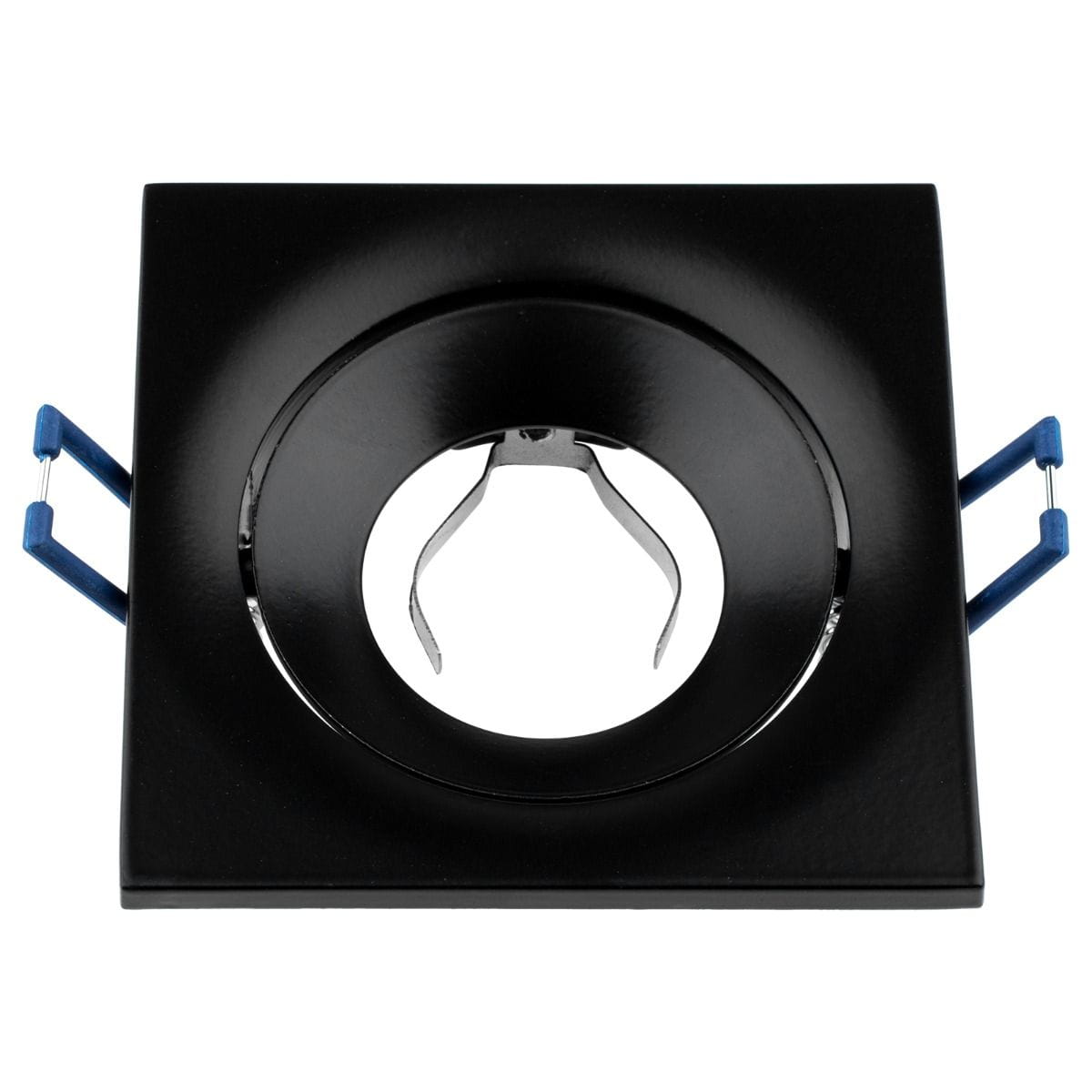 Oprawa oczko do zabudowy kwadratowa w kolorze czarnym, z okrągłym otworem na żarówkę GU10. Widoczne metalowe mocowania oraz niebieskie zaczepy. Produkt ujęty z góry, w pozycji leżącej.