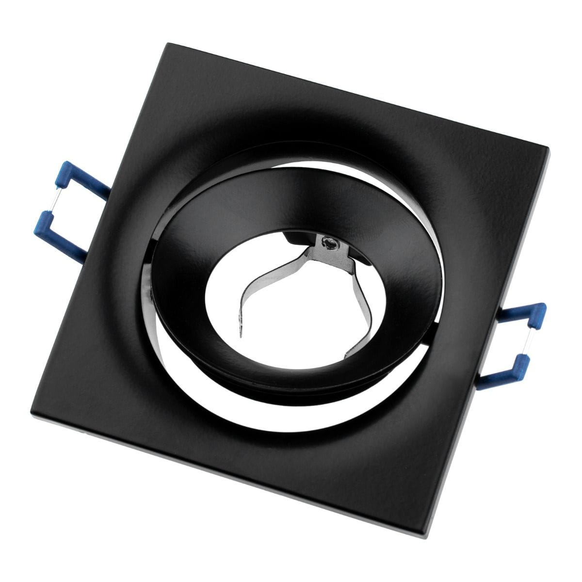 Oprawa oczko do zabudowy w kolorze czarnym, kwadratowa, z ruchomym gniazdem GU10. Widoczny mechanizm mocujący oraz niebieskie zaczepy. Produkt w pozycji leżącej, ukazujący szczegóły konstrukcji i kształt.