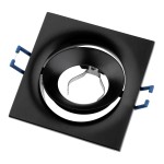 Oprawa oczko do zabudowy w kolorze czarnym, kwadratowa, z ruchomym gniazdem GU10. Widoczny mechanizm mocujący oraz niebieskie zaczepy. Produkt w pozycji leżącej, ukazujący szczegóły konstrukcji i kształt.