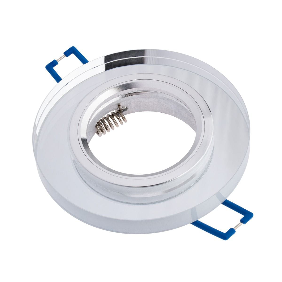 Okrągła oprawa do zabudowy GU10 w kolorze transparentnym, wykonana z metalu i szkła. Ujęcie z góry, pokazujące mocowanie sprężynowe oraz niebieskie zaczepy montażowe. Prosta, elegancka forma, idealna do nowoczesnych aranżacji wnętrz.