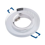 Okrągła oprawa do zabudowy GU10 w kolorze transparentnym, wykonana z metalu i szkła. Ujęcie z góry, pokazujące mocowanie sprężynowe oraz niebieskie zaczepy montażowe. Prosta, elegancka forma, idealna do nowoczesnych aranżacji wnętrz.