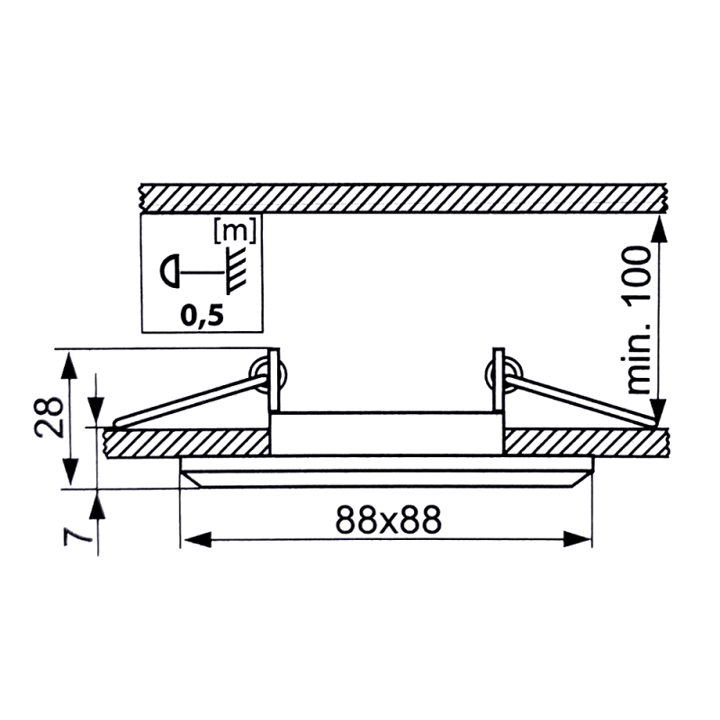 Okrągła oprawa oczko do zabudowy GU10, transparentna. Wymiary: 88x88 mm, wysokość 28 mm, grubość 7 mm. Widok w przekroju z widocznymi mocowaniami i minimalną wysokością zabudowy 100 mm. Idealna do montażu w sufitach.