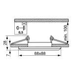 Okrągła oprawa oczko do zabudowy GU10, transparentna. Wymiary: 88x88 mm, wysokość 28 mm, grubość 7 mm. Widok w przekroju z widocznymi mocowaniami i minimalną wysokością zabudowy 100 mm. Idealna do montażu w sufitach.