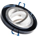 Okrągła, ruchoma oprawa oświetleniowa GU10 w kolorze czarnym z transparentnym wykończeniem. Widoczne metalowe elementy oraz sprężynowe mocowanie. Produkt ujęty z boku, ukazujący detale konstrukcyjne i kształt.