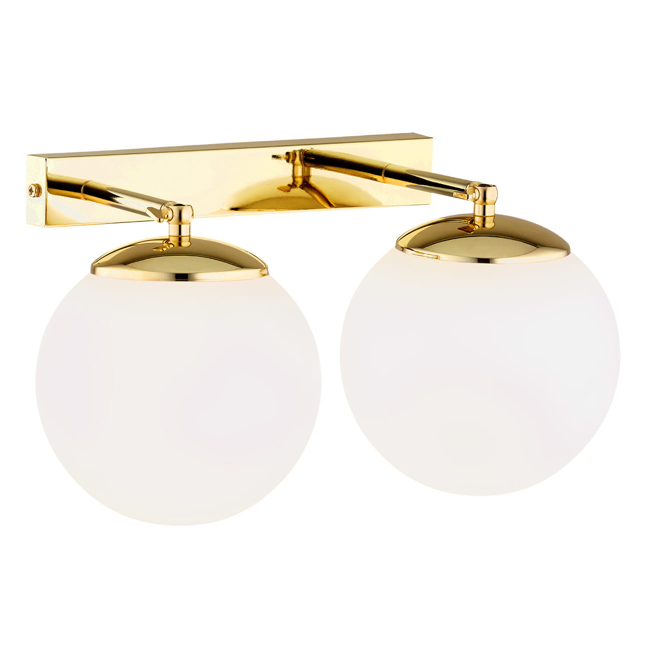 Kinkiet Satelite Plus IP 44 w kolorze złotym, z dwiema białymi kulistymi oprawami. Ujęcie frontalne, produkt zamontowany na ścianie, z metalowym wspornikiem i lustrzanymi detalami. Idealny do nowoczesnych wnętrz.