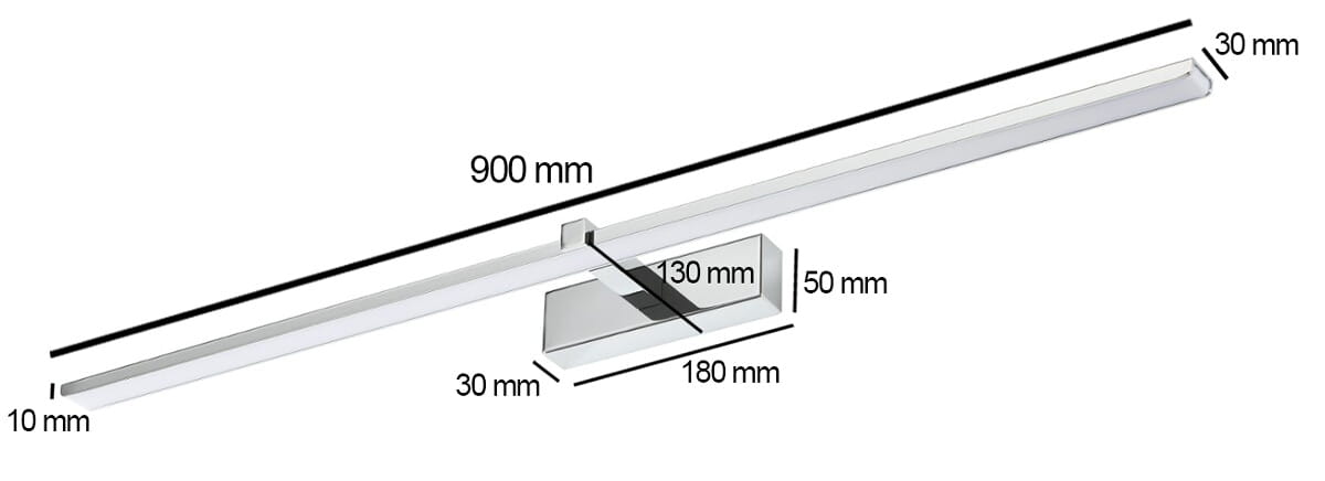 Kinkiet łazienkowy Venus LED IP44 w chromie, o długości 900 mm i mocy 18W. Posiada prostokątną podstawę (180x50 mm) oraz cienką, płaską oprawę (30x10 mm), przeznaczony do montażu na ścianie, idealny do oświetlenia obrazów.