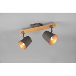 Lampa sufitowa Bell z dwoma reflektorami w kolorze niklu antycznego, zamocowana na drewnianej belce. Reflektory mają zaokrąglone kształty i emitują ciepłe światło. Ujęcie frontalne, na jasnym tle.