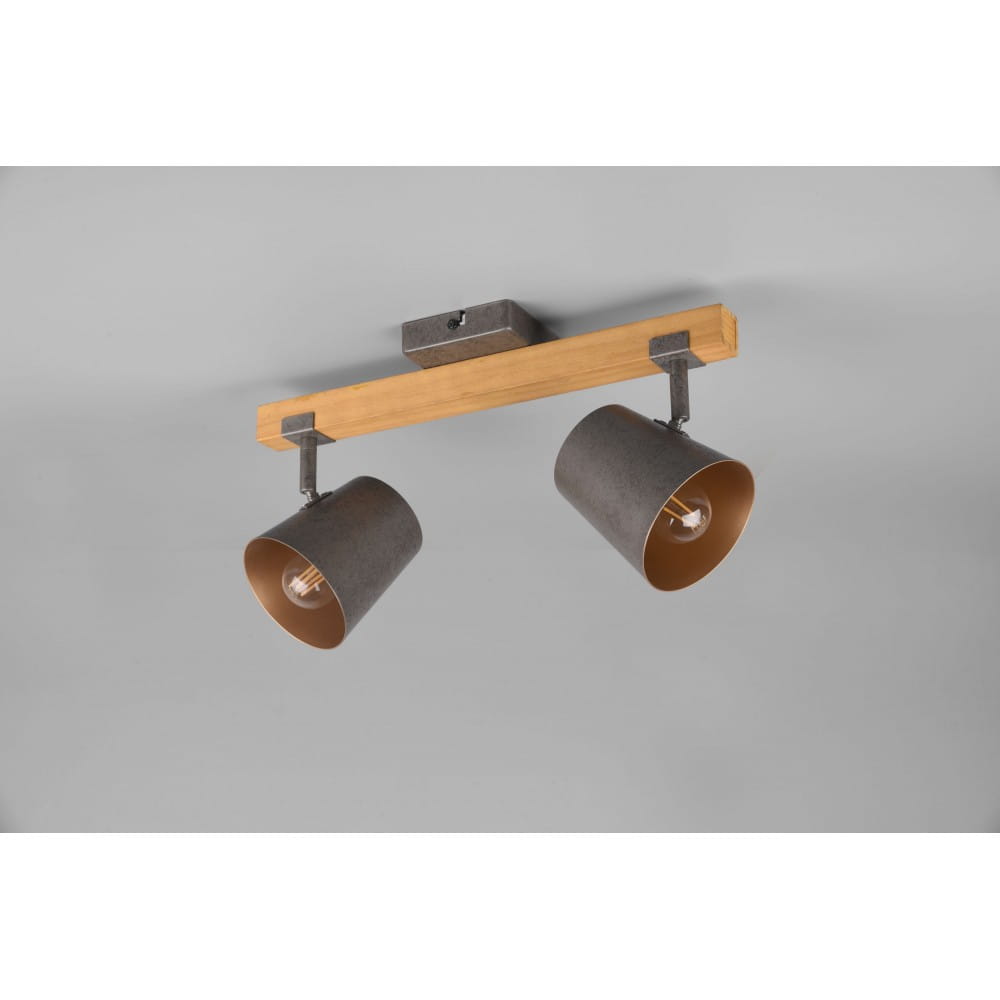 Lampa sufitowa Bell 2-punktowa w stylu industrialnym, z niklowanym metalem i drewnianym uchwytem. Dwa regulowane klosze w kolorze szaro-brązowym, zamontowane na poziomej belce. Idealna do nowoczesnych wnętrz.