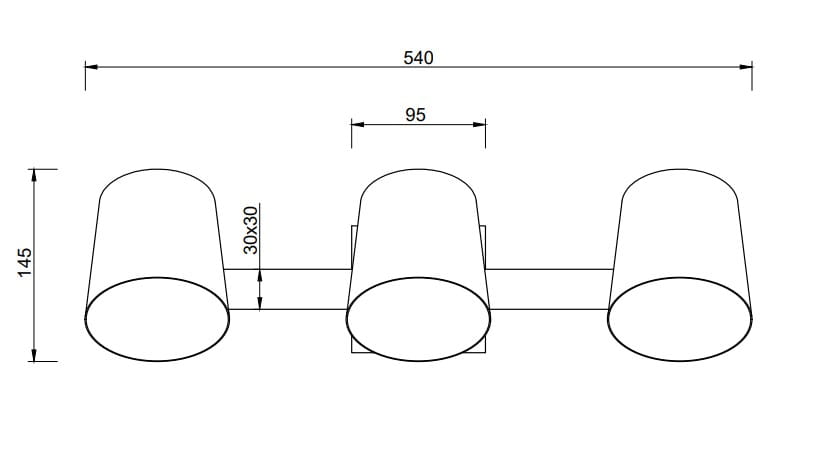 Lampa sufitowa Bell 3-punktowa w kolorze nikiel antyczny. Konstrukcja z trzema cylindrycznymi kloszami o średnicy 30 cm, umieszczonymi na prostokątnej podstawie. Wymiary: długość 540 mm, wysokość 145 mm, głębokość 95 mm.