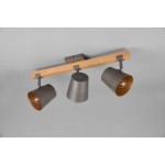 Lampa sufitowa Bell 3-punktowa w kolorze niklu antycznego z drewnianym uchwytem. Trzy metalowe klosze o matowej powierzchni, dwa w kolorze szarym, jeden w złotym, zamontowane na prostokątnej listwie. Ujęcie z góry.