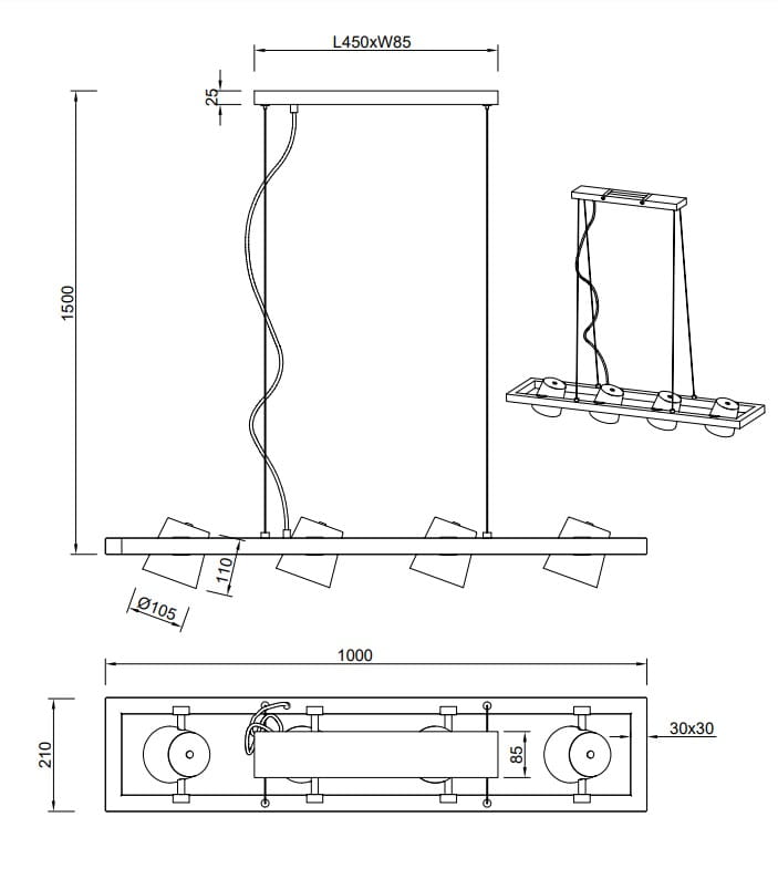 Lampa wisząca Bell 4-punktowa w kolorze niklu antycznego. Posiada prostokątny, płaski klosz z czterema punktami świetlnymi. Wymiary: 450 mm x 85 mm, długość zwisu 1500 mm. Kable zamocowane na górze, minimalistyczny design.