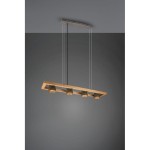 Lampa wisząca Bell 4-punktowa w kolorze niklu antycznego z drewnianym, prostokątnym stelażem. Cztery okrągłe klosze w odcieniu złotym, zawieszone na cienkich linkach. Produkt montowany sufitowo, widok z przodu na jednolitym tle.