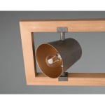 Lampa wisząca 4-punktowa Bell w kolorze niklu antycznego, z drewnianą ramą. Widoczny metalowy klosz w kolorze złotym wewnątrz, z żarówką. Ujęcie z boku, ukazujące detal mocowania i teksturę materiałów. Tło jednolite.