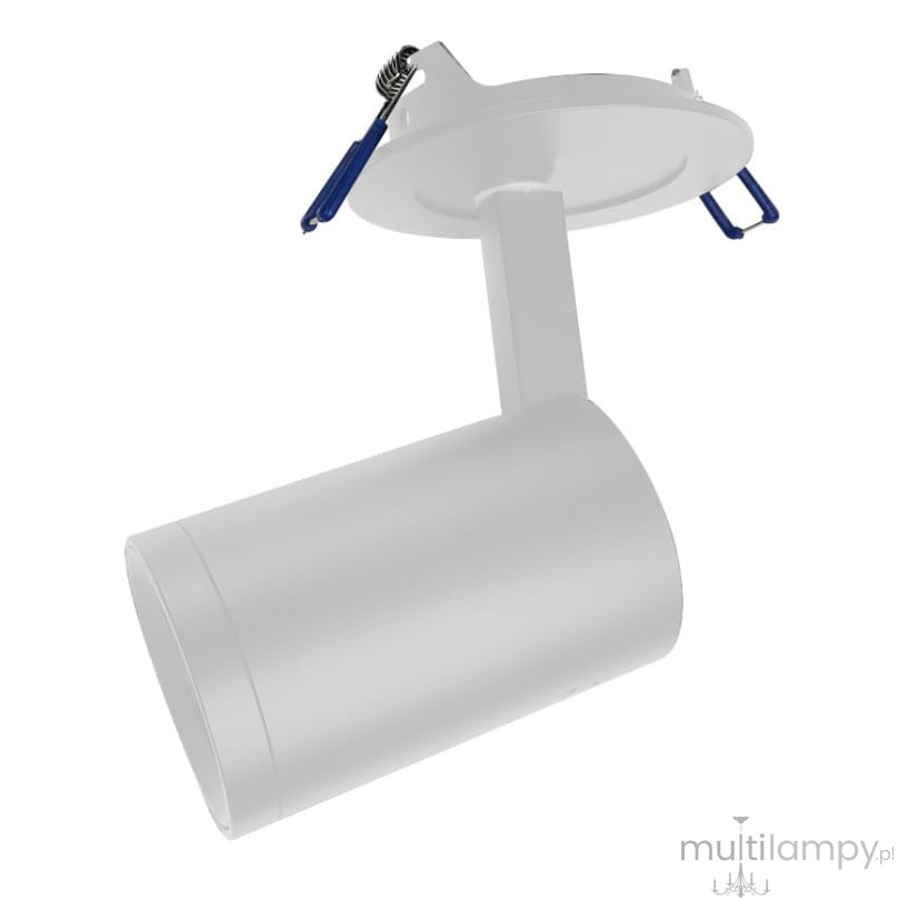 Biała lampa sufitowa Nuuk PT w formie spotu, montowana w zabudowie. Cylindryczny kształt z widocznym uchwytem i sprężyną. Ujęcie z boku, ukazujące detale konstrukcji i gładką powierzchnię.