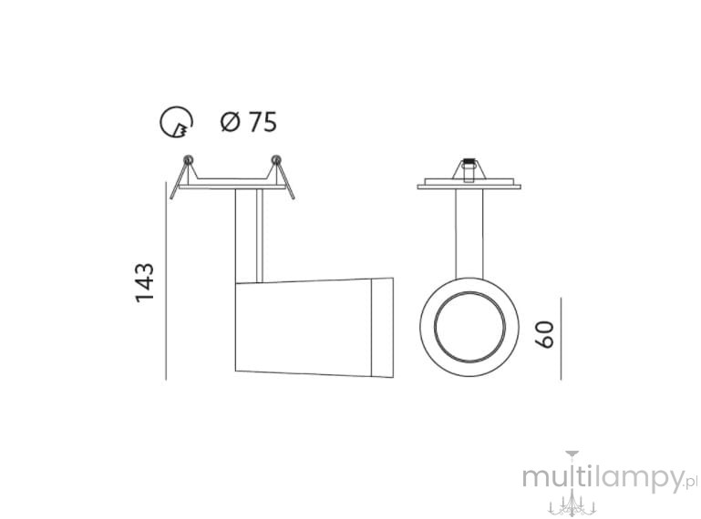 Lampa sufitowa Nuuk PT do zabudowy w kolorze białym, z okrągłym kloszem o średnicy 75 mm. Prosty, minimalistyczny design, z wysokością 143 mm i głębokością 60 mm, idealna do nowoczesnych wnętrz. Ujęcie z boku i z góry.