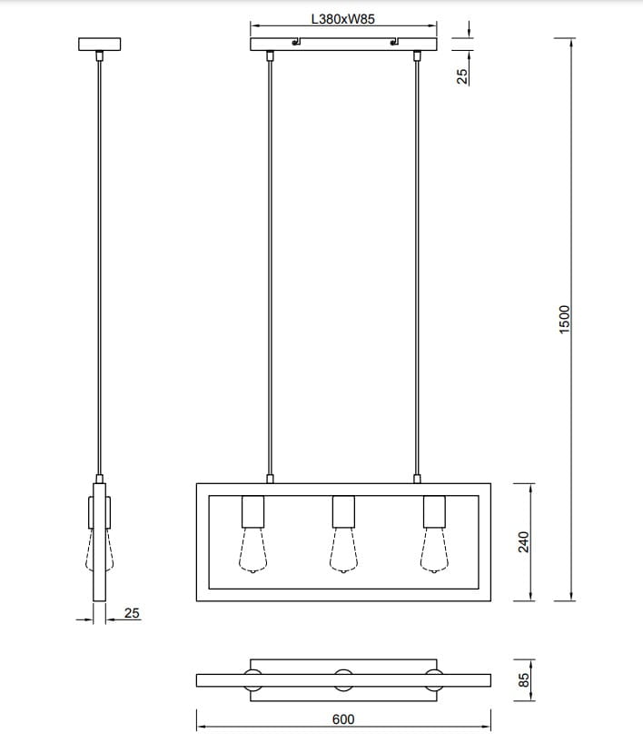 Lampa wisząca Agra 3-punktowa, czarna. Prostokątna konstrukcja z trzema miejscami na żarówki. Wymiary: 600 mm długości, 85 mm szerokości, zawieszenie na dwóch linkach. Nowoczesny design, idealna do jadalni lub salonu.