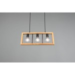 Czarna lampa wisząca Agra z trzema punktami świetlnymi, zawieszona na cienkich linkach. Konstrukcja z drewna w kolorze naturalnym, prostokątna rama z metalowymi mocowaniami dla żarówek. Idealna do nowoczesnych wnętrz.